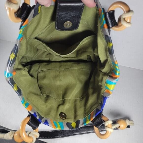 Plum Brand Multicolored Fabric Southwestern Wood Accent Woven Shoulder Handbag - Picture 9 of 12